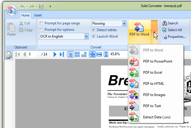Лента Solid Converter PDF и меню выбора формата