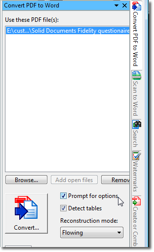Панель Convert PDF to Word с выбором файлов и режима