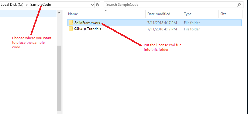 Рекомендуемое расположение папки SolidFramework рядом с учебным C# проектом