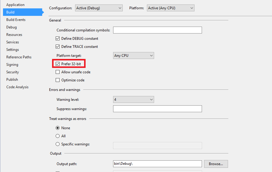 Параметр Prefer 32-bit в свойствах проекта Visual Studio
