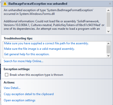Сообщение BadImageFormatException при несовместимой сборке SolidFramework