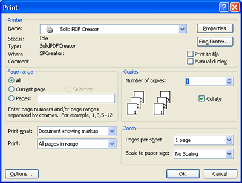 Выбор Solid PDF Creator в окне печати