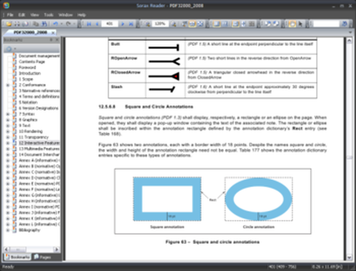Sorax PDF Reader: дерево закладок рядом с техническим PDF