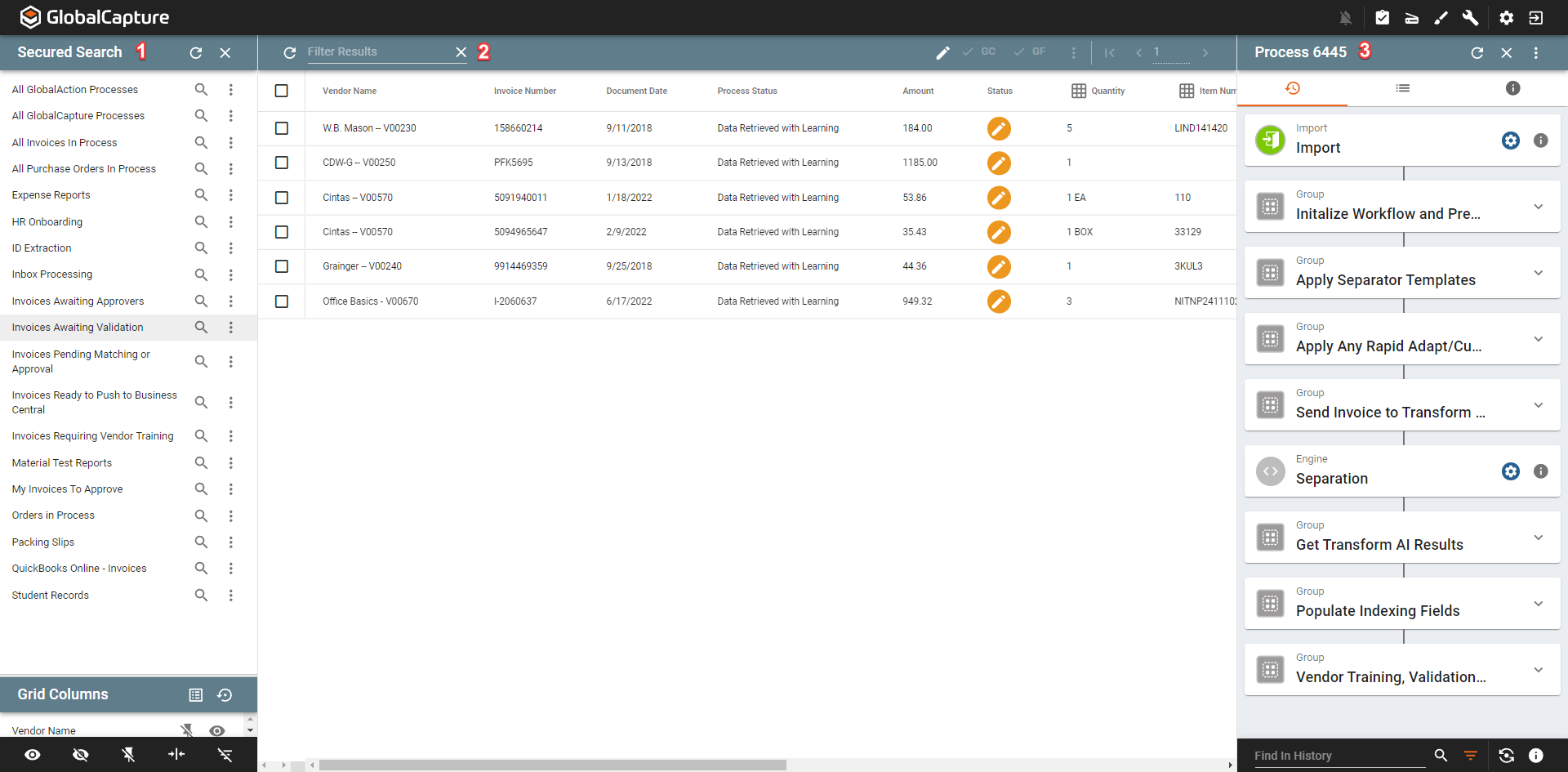 Batch Manager с защищёнными поисками, таблицей процессов и историей справа