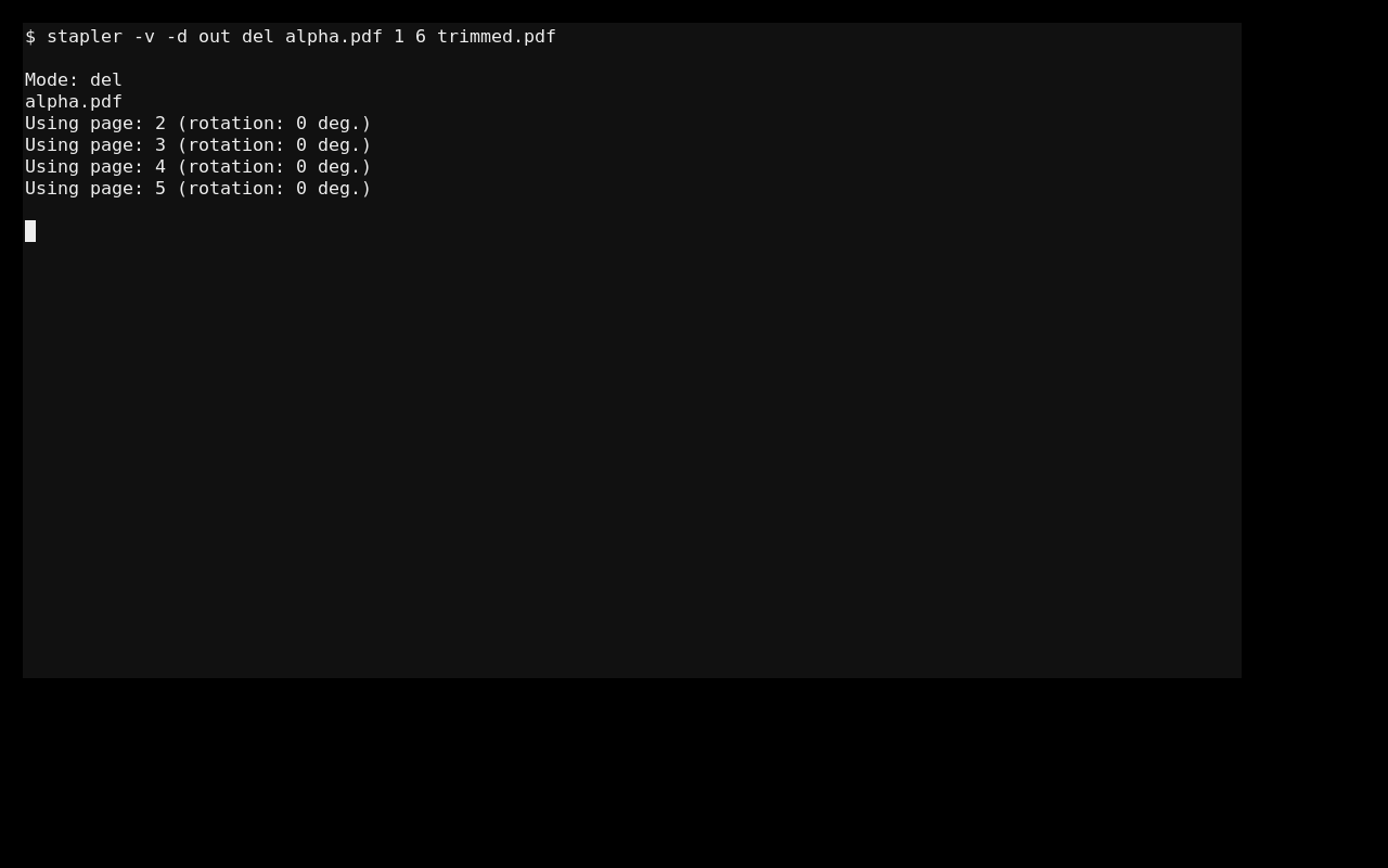 Stapler удаляет первую и шестую страницы PDF через режим del