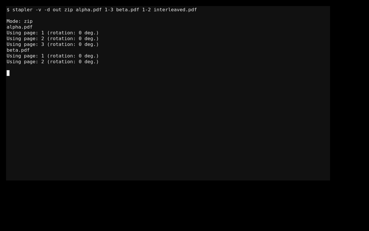 Stapler чередует выбранные страницы двух PDF в режиме zip