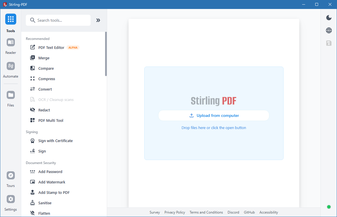 Область загрузки и боковое меню Stirling PDF Desktop