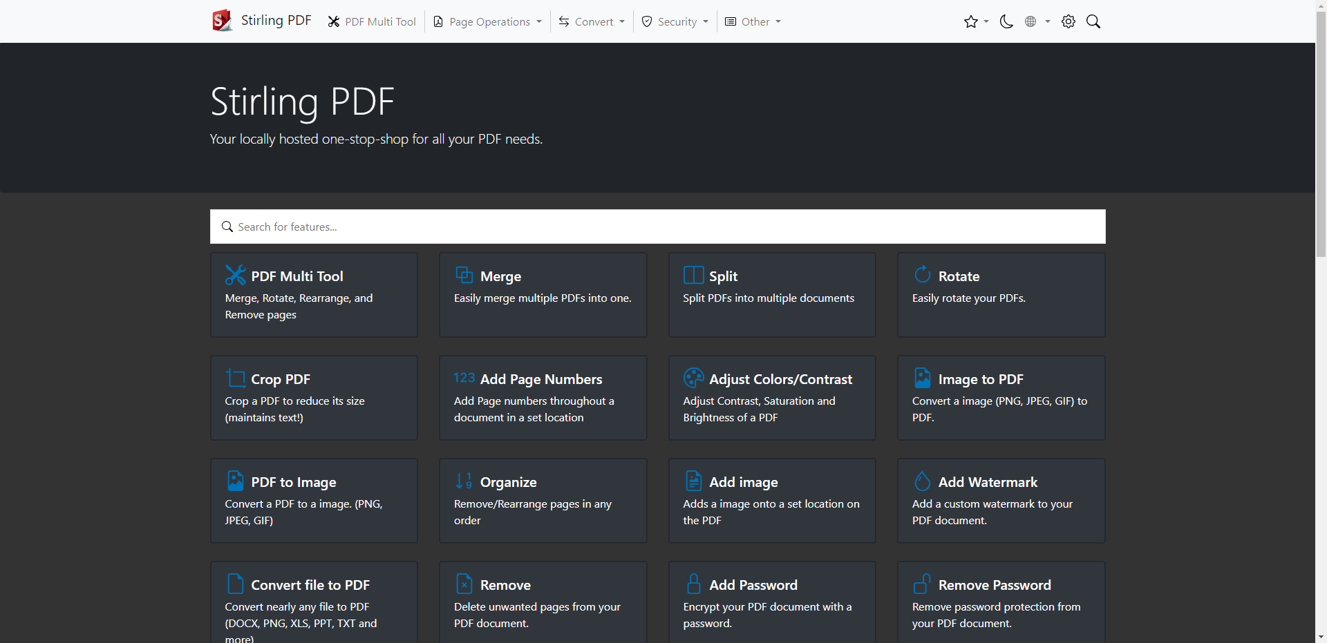 Темная панель инструментов Stirling PDF