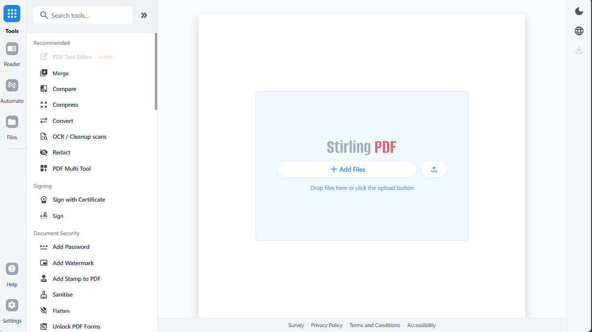 Главная рабочая область Stirling PDF с зоной добавления файлов