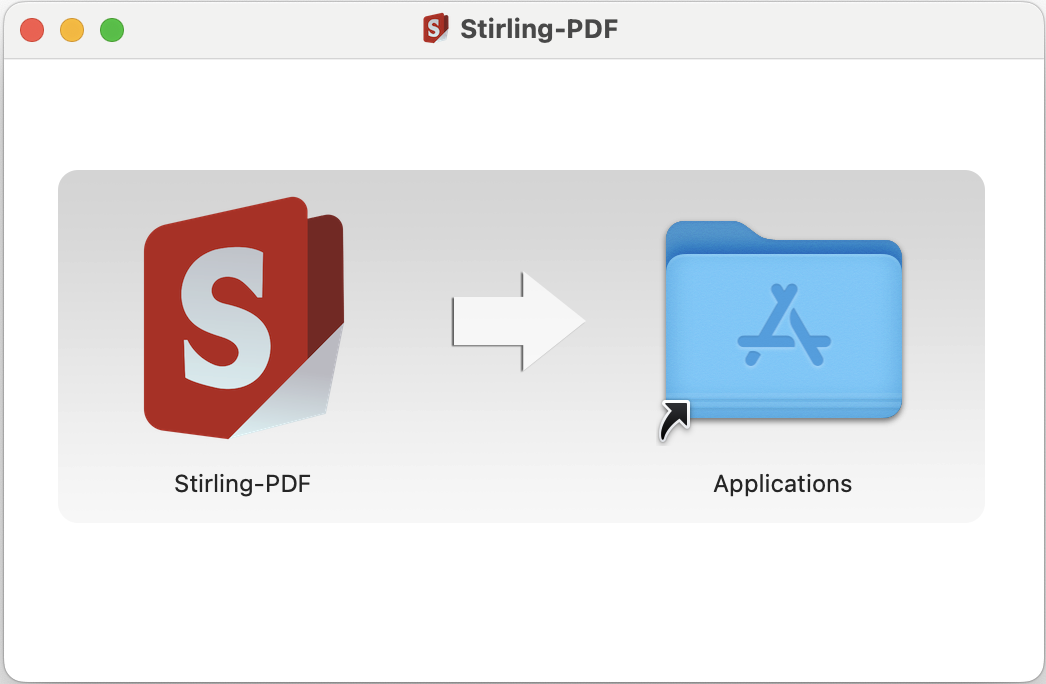 Окно установки Stirling PDF в macOS с переносом приложения