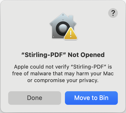 Предупреждение macOS при первом запуске Stirling PDF