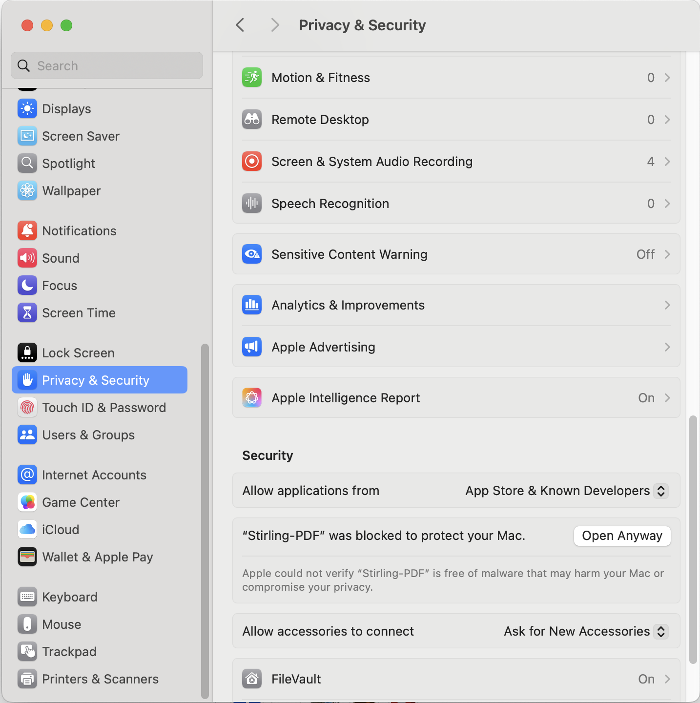 Разрешение запуска Stirling PDF в настройках безопасности macOS
