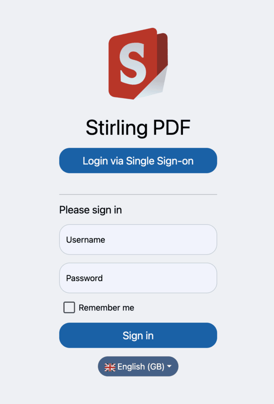 Экран входа на сервер Stirling PDF