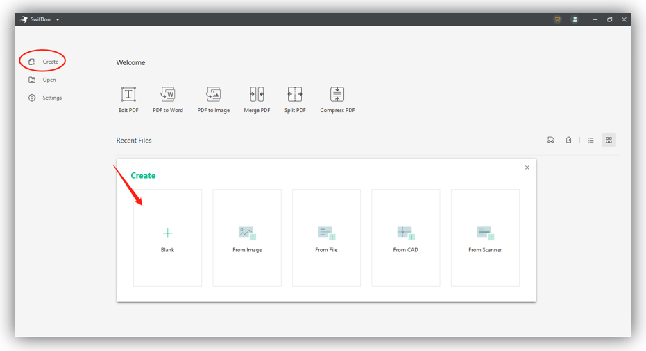 Стартовый экран SwifDoo PDF и варианты создания документа