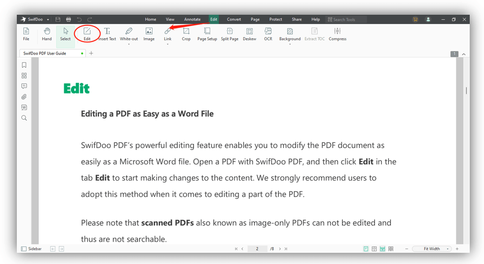 Вкладка редактирования текста в SwifDoo PDF