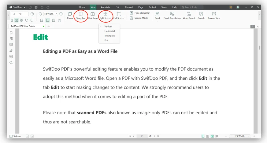 Команды снимка и разделения экрана в SwifDoo PDF