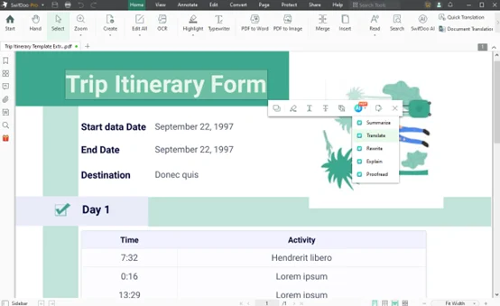 Команды AI для выделенного фрагмента PDF