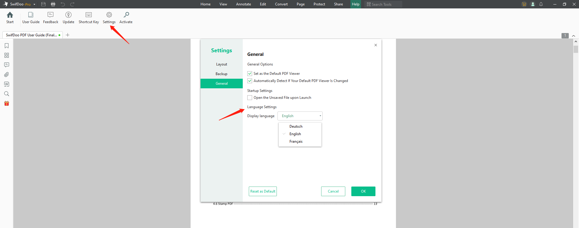 Настройки языка интерфейса SwifDoo PDF