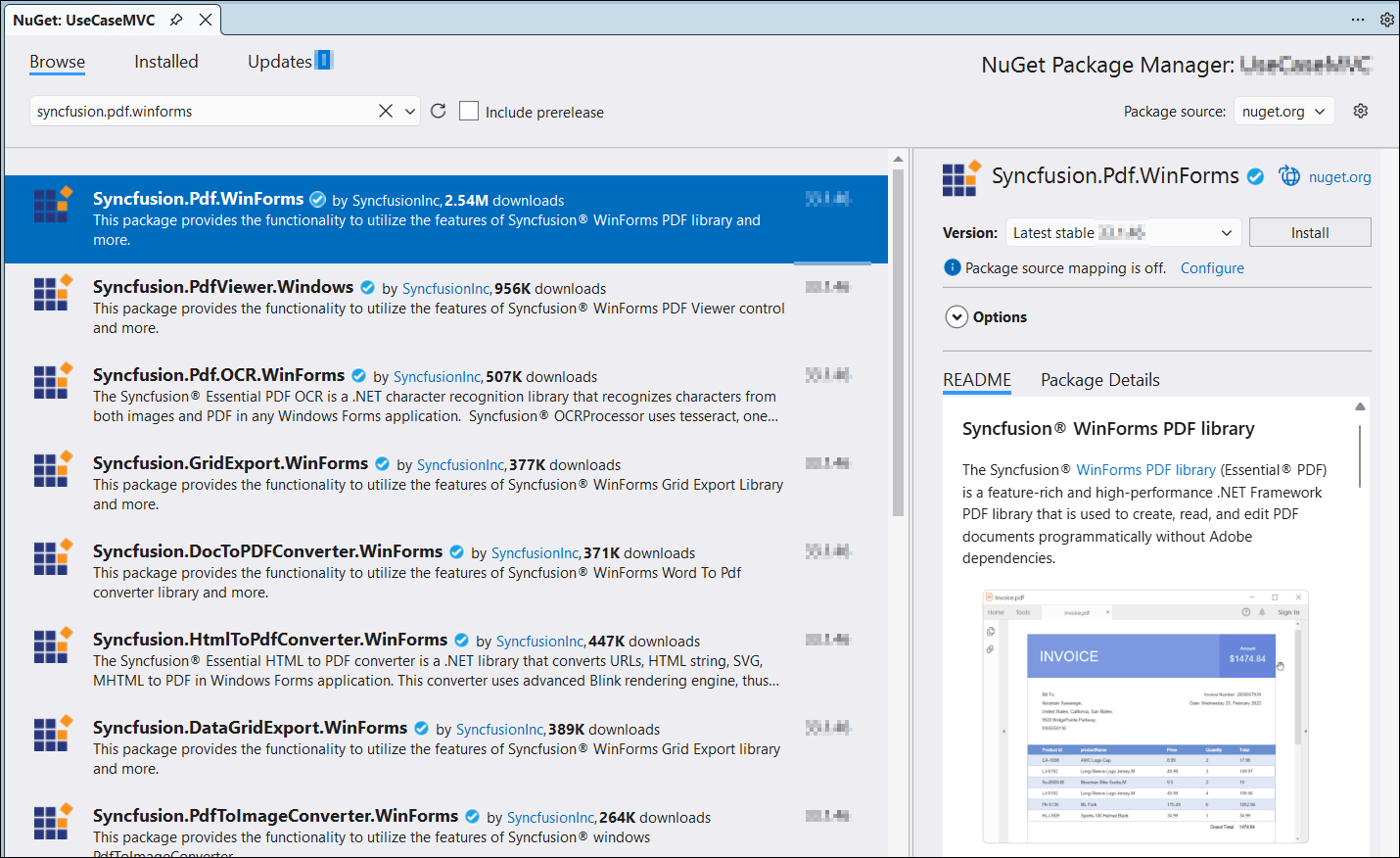 Выбор пакета Syncfusion PDF в диспетчере NuGet