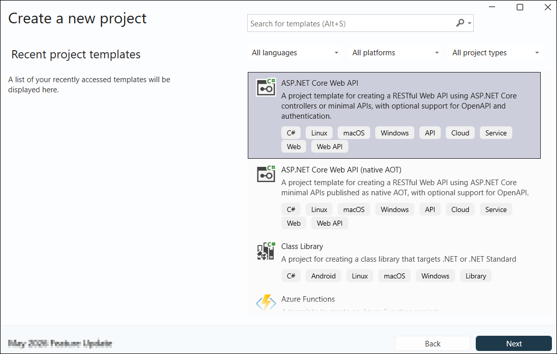 Выбор шаблона ASP.NET Core Web API для проекта PDF
