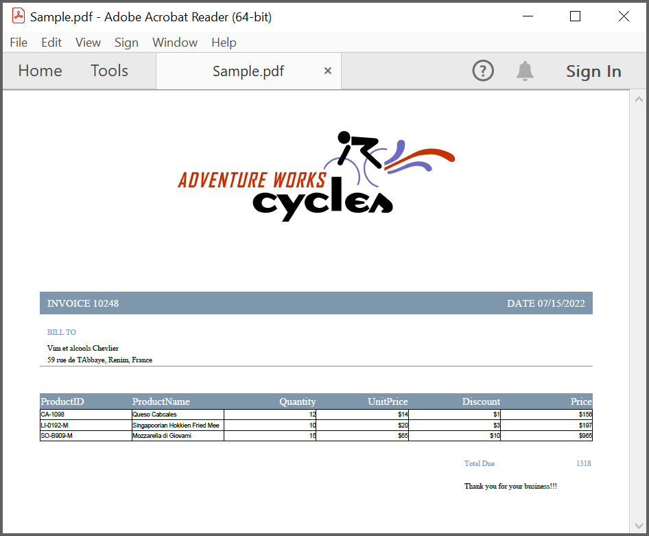 Пример счёта с таблицей, созданного Syncfusion PDF Library