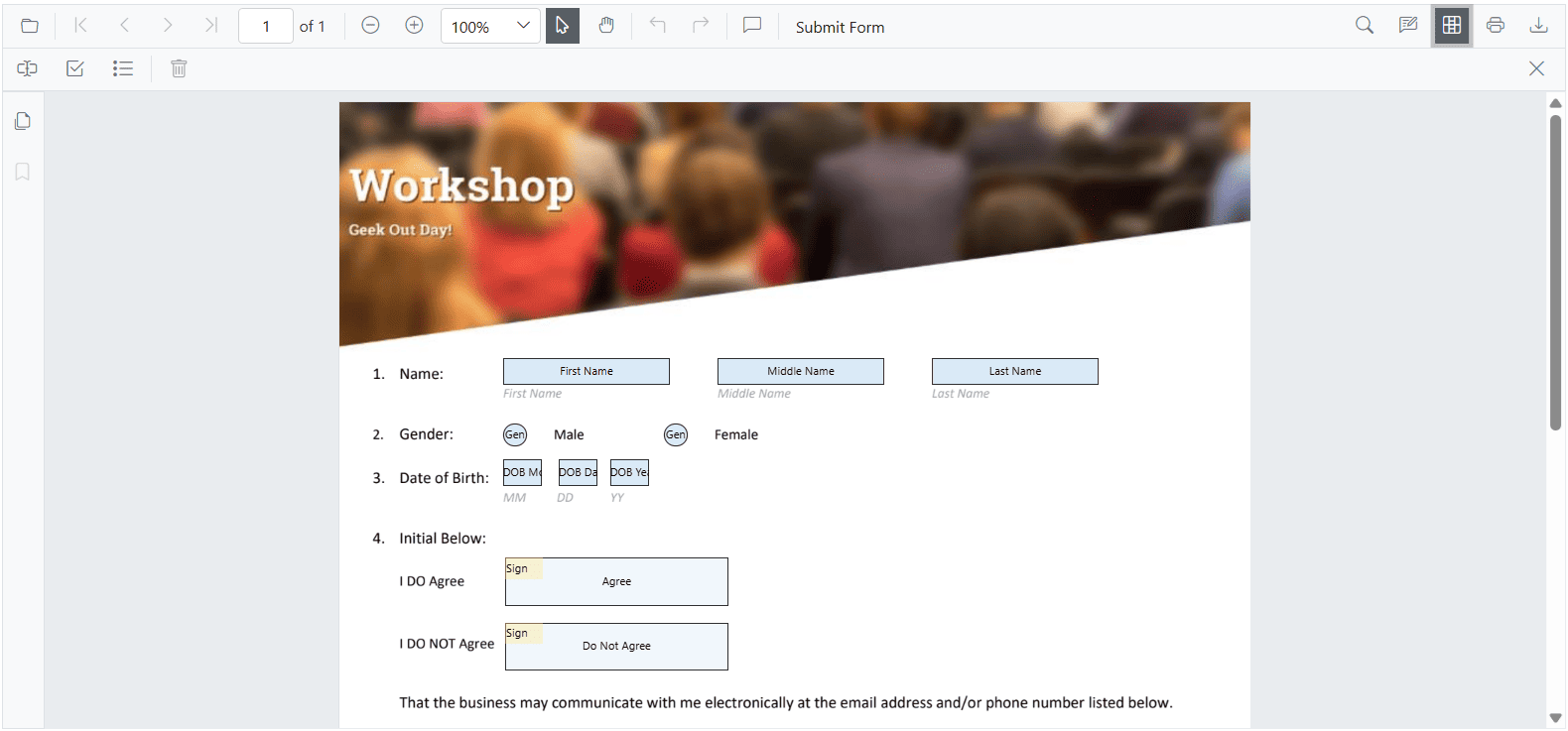 Панель конструктора форм Syncfusion PDF Viewer