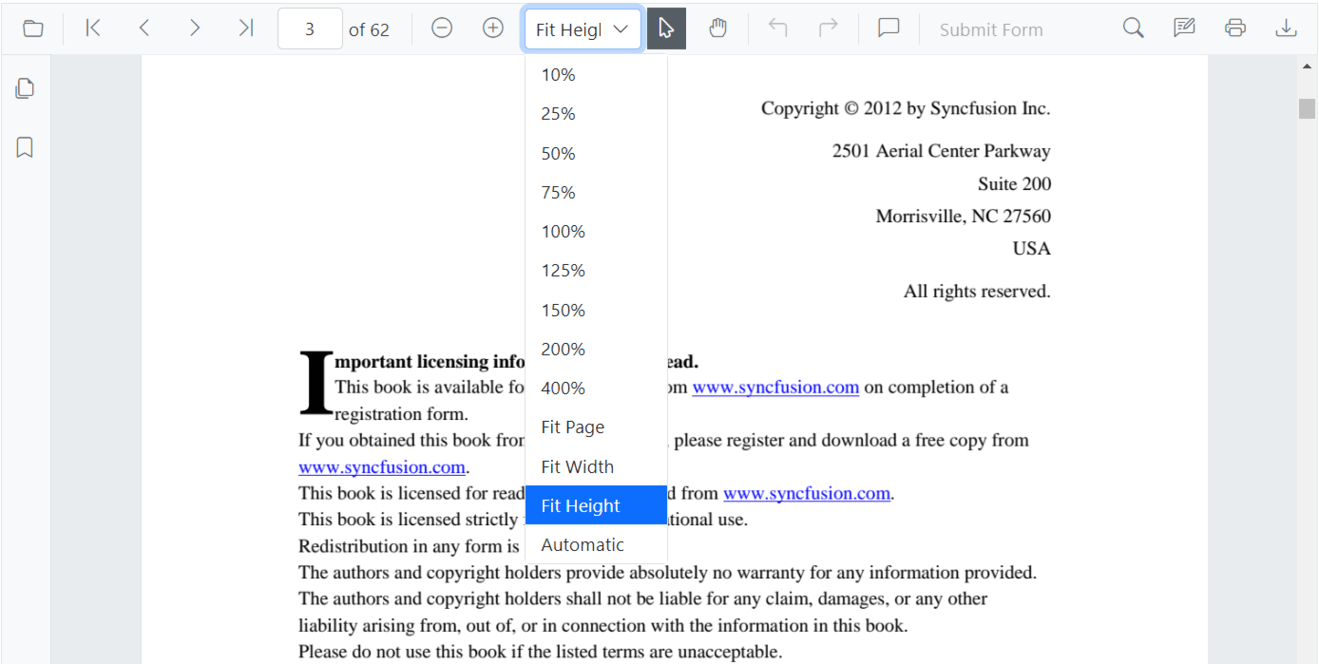 Меню масштаба Syncfusion PDF Viewer