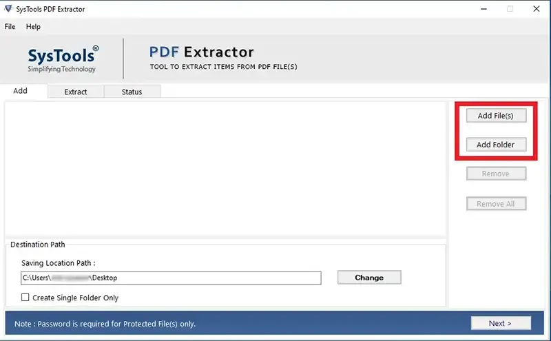 Добавление PDF-файлов и выбор папки назначения в SysTools PDF Extractor