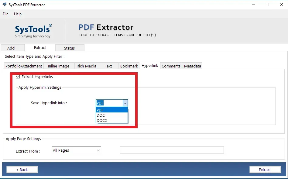 Выбор PDF, DOC или DOCX для сохранения гиперссылок