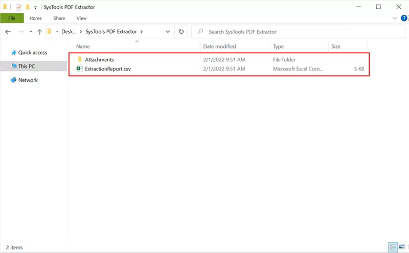 Папка результата с вложениями и отчетом ExtractionReport.csv
