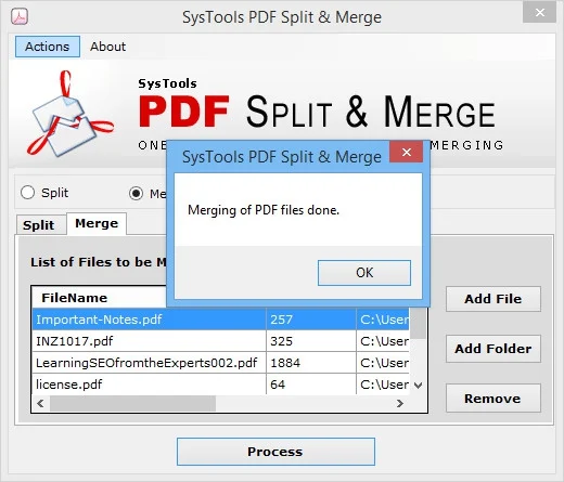 Список PDF в режиме Merge и сообщение о завершении