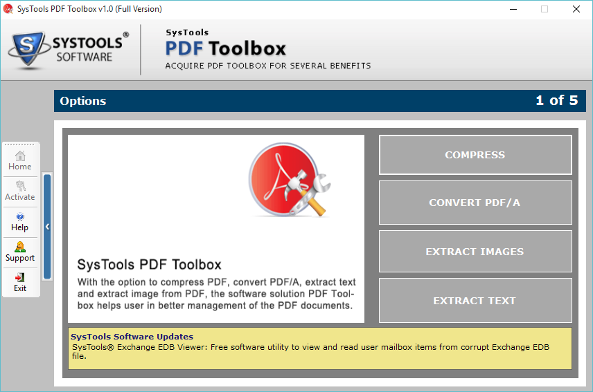 Главный экран SysTools PDF Toolbox с четырьмя режимами обработки PDF
