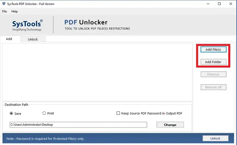 Кнопки Add File(s) и Add Folder в SysTools PDF Unlocker