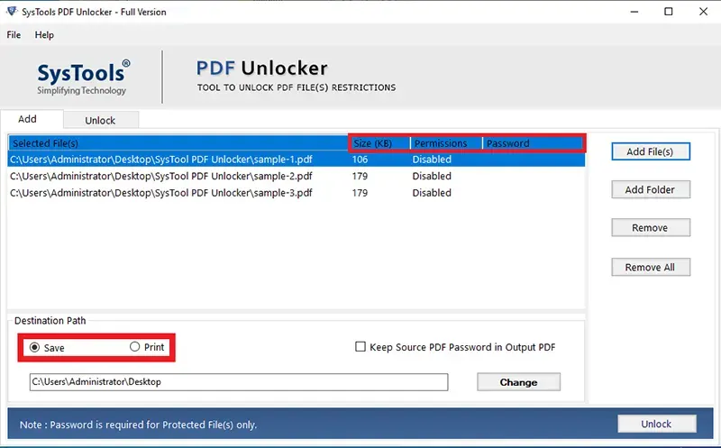 Выбор Save или Print и список PDF в SysTools PDF Unlocker