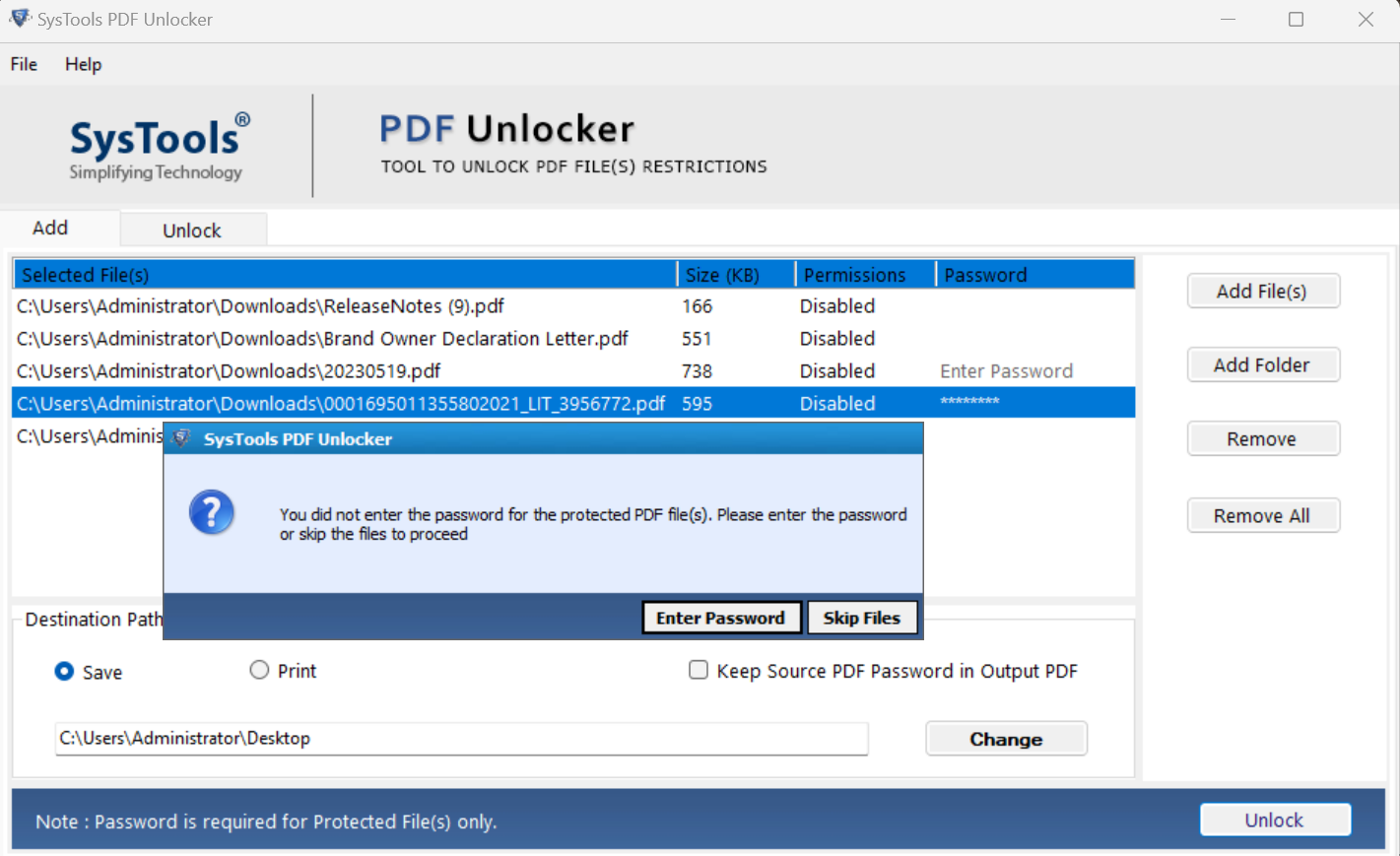 Запрос Enter Password или Skip Files для защищённых PDF