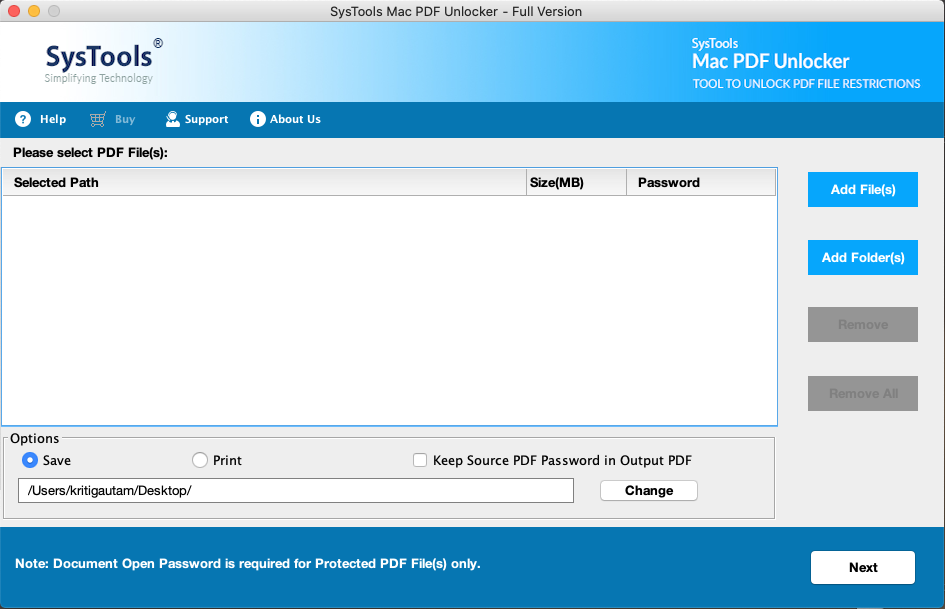 Стартовый экран SysTools Mac PDF Unlocker
