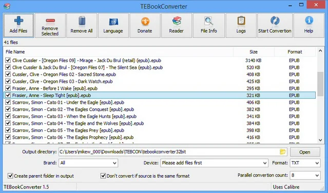 Пакетная очередь TEBookConverter с несколькими десятками EPUB-файлов
