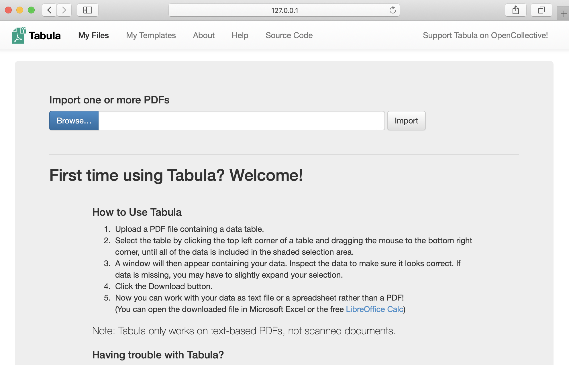 Начальный экран Tabula с указанием, что для извлечения нужен текстовый PDF