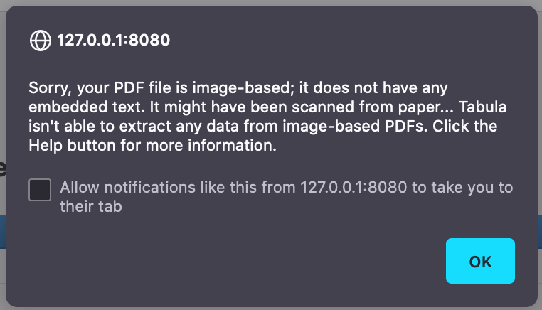 Предупреждение Tabula о PDF без встроенного текстового слоя