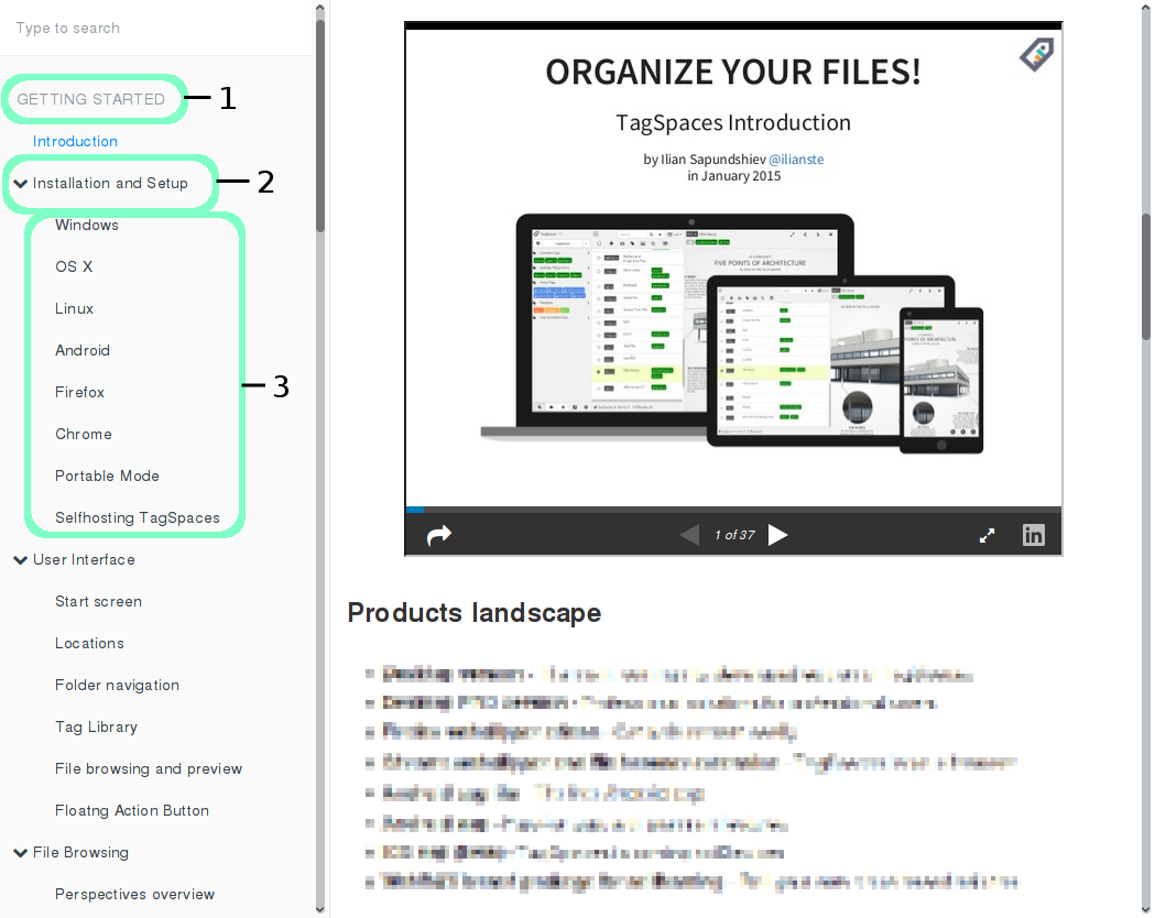 Основные области интерфейса TagSpaces