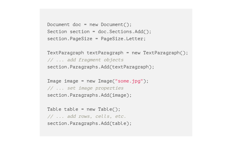 Пример объектной модели TallPDF.NET с Document, Section, TextParagraph, Image и Table