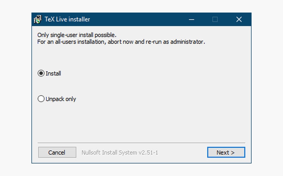 Первый этап установщика TeX Live для Windows