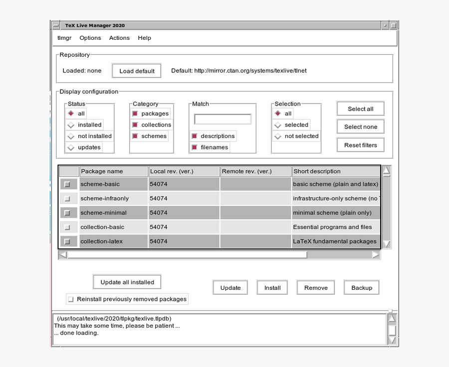 Главное окно TeX Live Manager