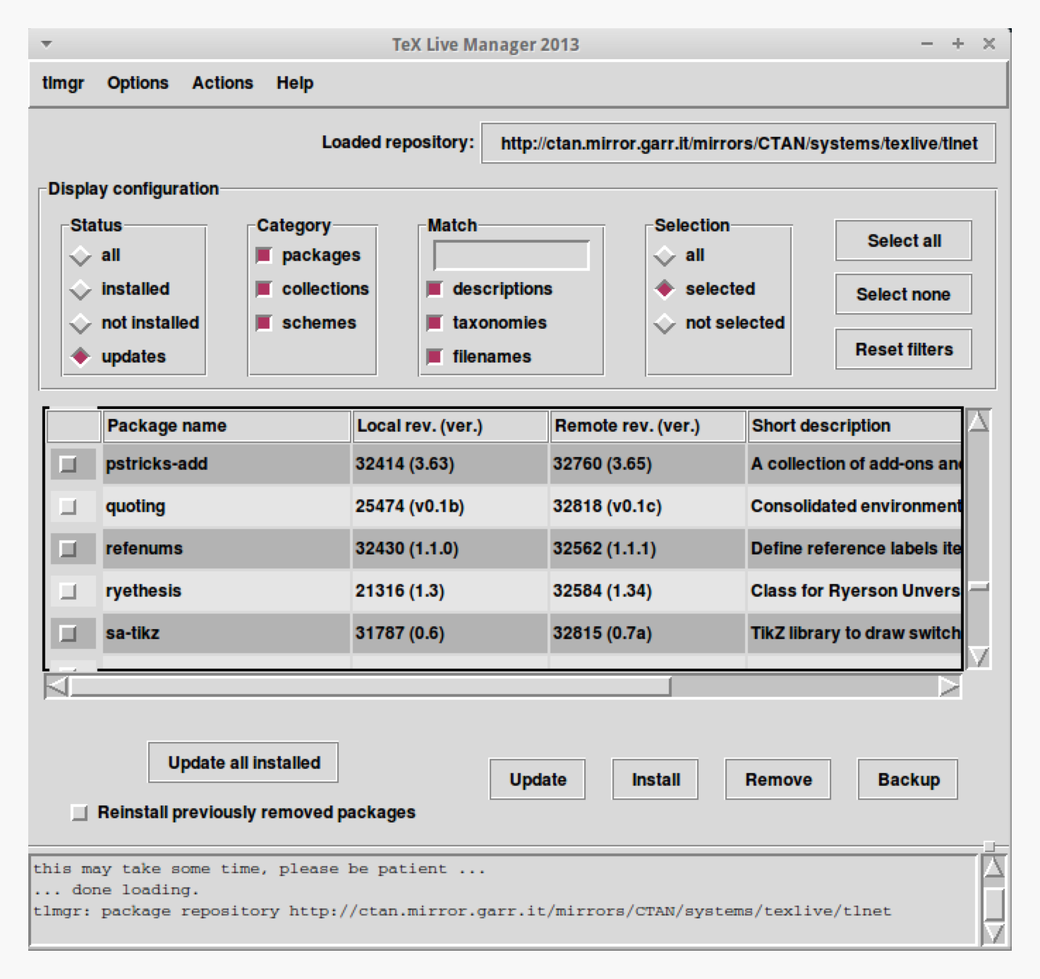 Список обновлений в TeX Live Manager