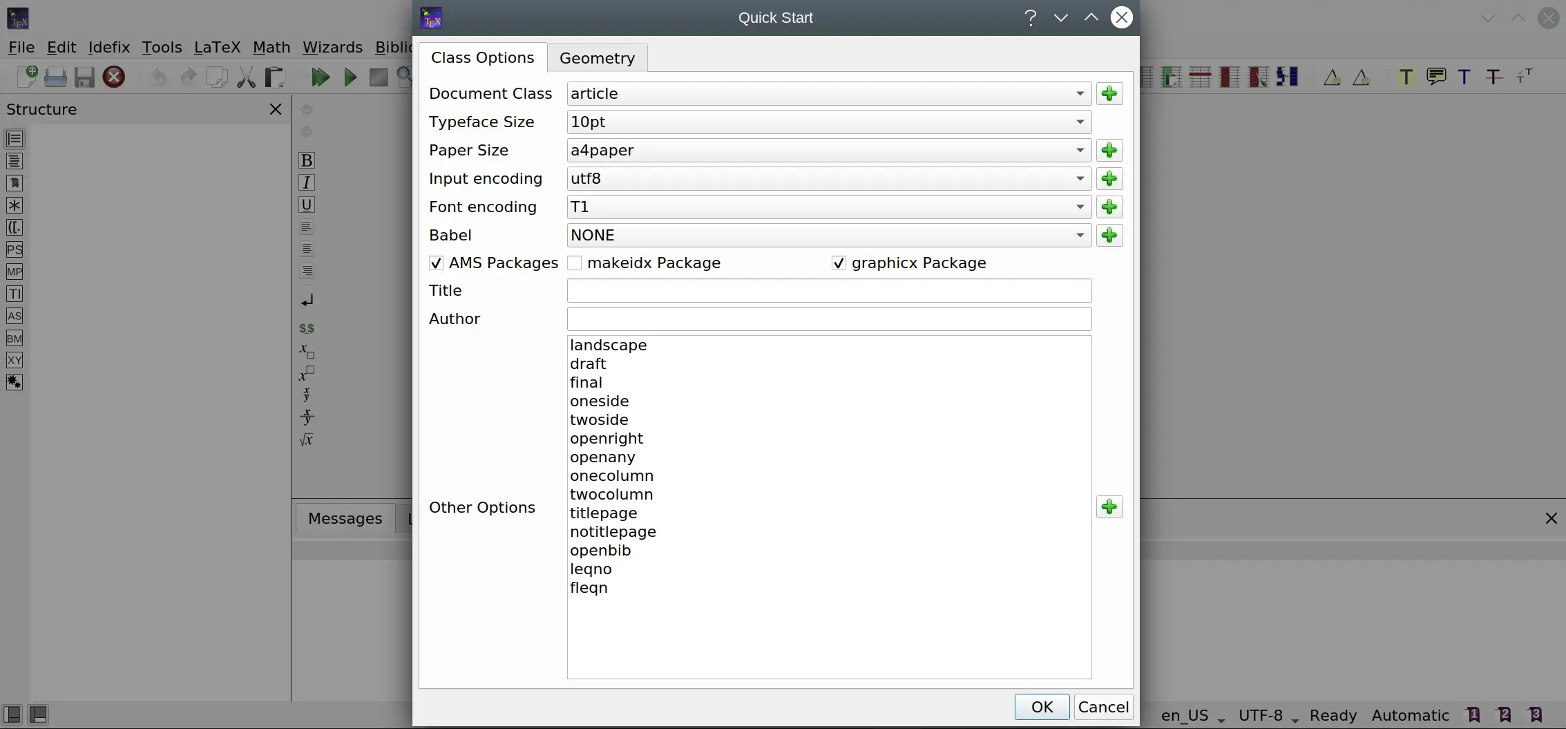 Мастер Quick Start в главном окне TeXstudio