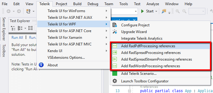 Команда настройки Telerik Document Processing в меню Visual Studio