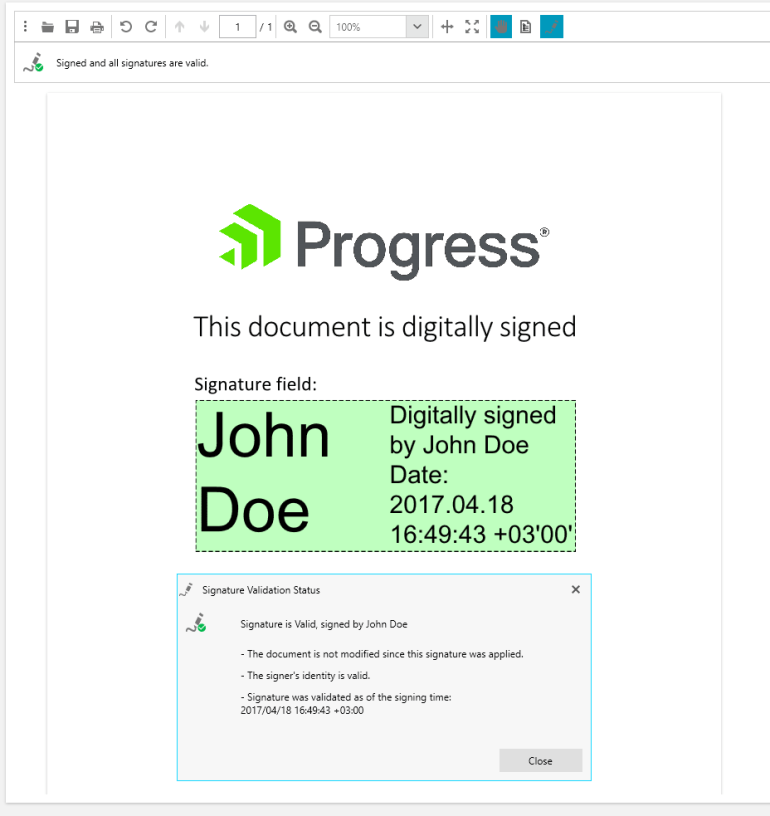 Проверка цифровой подписи PDF в демонстрационном просмотрщике