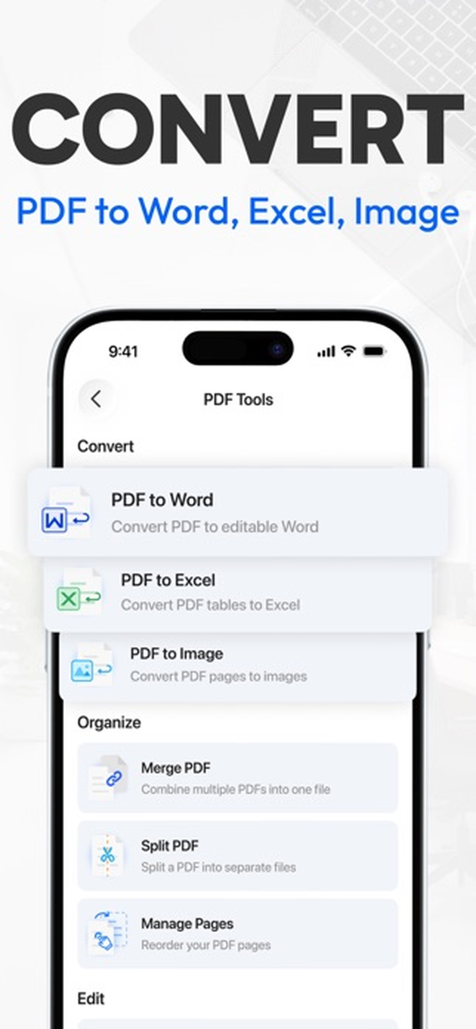 Раздел PDF-инструментов и конвертации Tiny Scanner