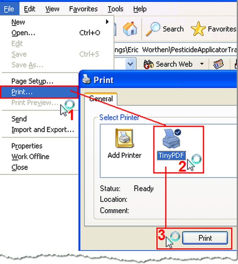 Выбор TinyPDF в окне печати