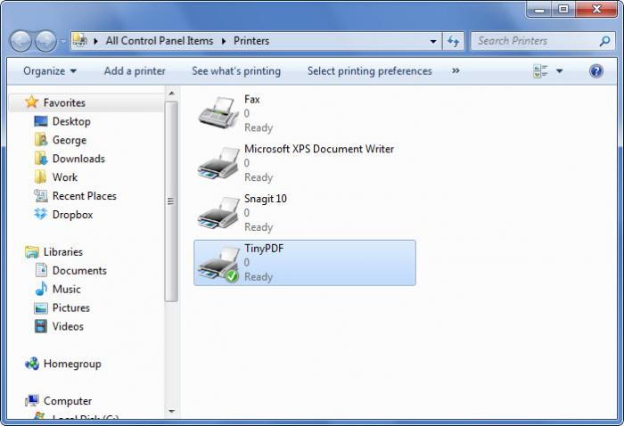 TinyPDF в списке принтеров Windows